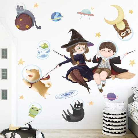 Sticker Mural Sorcier Magique Et Astronaute Spatial en PVC Imperméable DIY Décor Pour Chambre d'Enfant Chambre Halloween