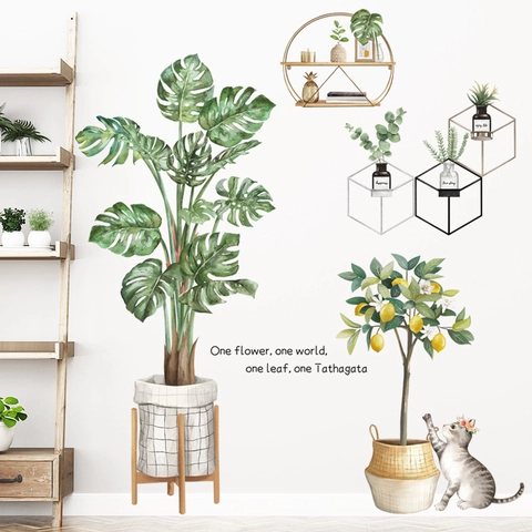 Adesivi Murali Nordici ad Acquerello con Monstera e Limone in PVC Pianta Verde Gatto Decalcomanie per Camera da Letto Soggiorno