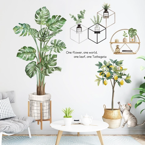 Adesivi Murali Nordici ad Acquerello con Monstera e Limone in PVC Pianta Verde Gatto Decalcomanie per Camera da Letto Soggiorno