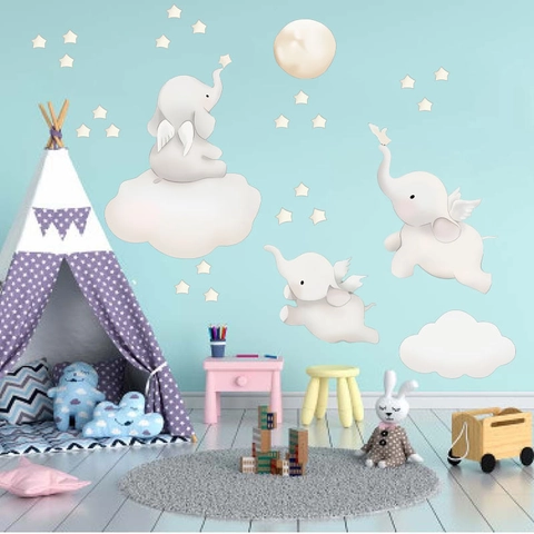 Cartoon Winged Elephant Moon Star Wall Sticker Waterproof PVC Mural For Kids Room Nursery Bedroom Home Decoration