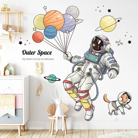 Cartoon Astronaut Weltraum Wandsticker Planeten Raumschiff Abnehmbar PVC Wasserdicht Wandaufkleber Für Kinderzimmer Kindergarten Deko