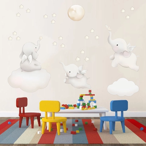 Cartoon Winged Elephant Moon Star Wall Sticker Waterproof PVC Mural For Kids Room Nursery Bedroom Home Decoration