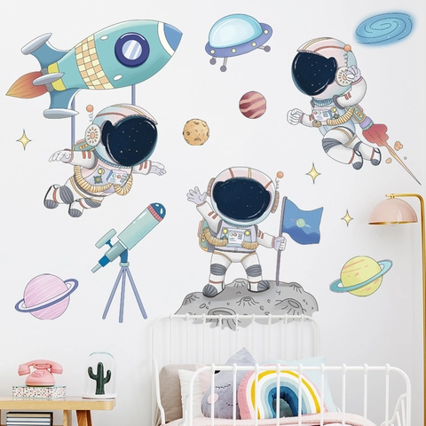 Cartoon Astronaut Ruimte Muurstickers Verwijderbare PVC Raket Planeet UFO DIY Kunst Muurschildering Voor Kinderkamer Slaapkamer Decoratie