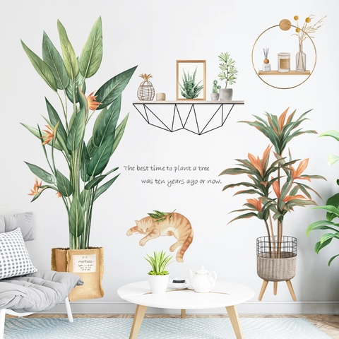 Nordic Tropical Green Plant Leaves Wall Sticker Watercolor Potted Plant Cute Cat Motivational Quote Removable PVC Decal For Home Decor