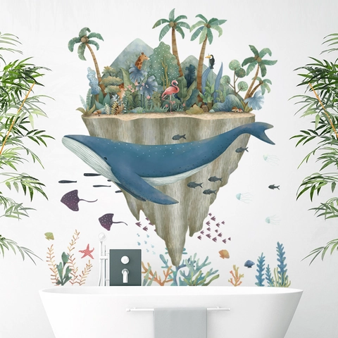 Cartoon Blue Whale Ocean Animal PVC Wall Sticker Waterproof Removable DIY Art Decor For Kids Room Bathroom Bedroom