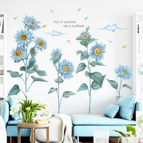 Pastorales Blaues Sonnenblumen Wandtattoo PVC Aquarell Botanische Blumen Wandsticker Für Schlafzimmer Wohnzimmer Wanddeko