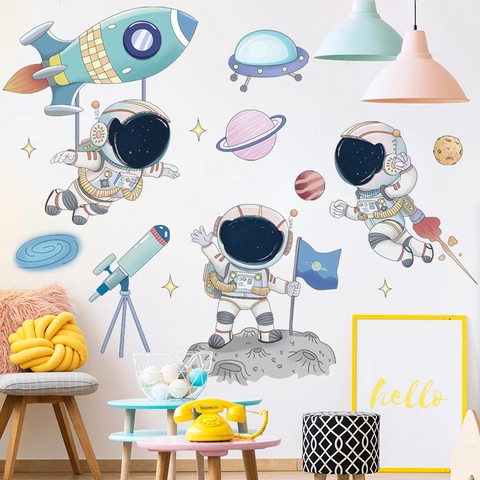 Cartoon Astronaut Ruimte Muurstickers Verwijderbare PVC Raket Planeet UFO DIY Kunst Muurschildering Voor Kinderkamer Slaapkamer Decoratie