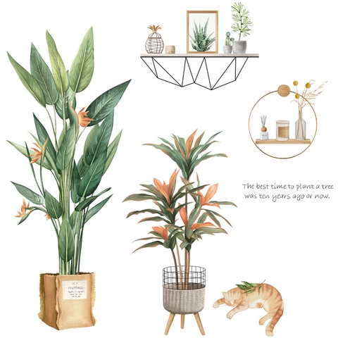 Nordic Tropical Green Plant Leaves Wall Sticker Watercolor Potted Plant Cute Cat Motivational Quote Removable PVC Decal For Home Decor