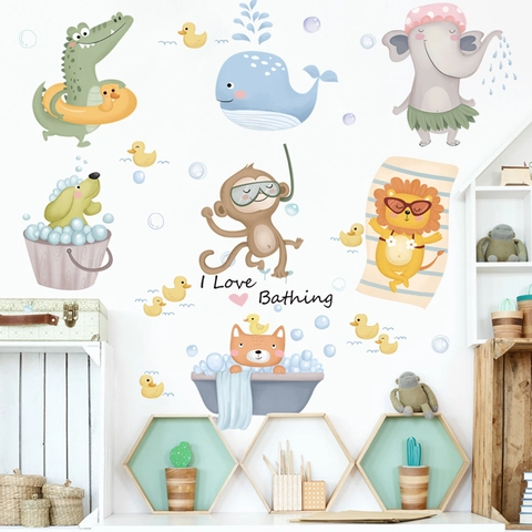 Waterproof PVC Cartoon Bathing Animals Wall Stickers Removable DIY Animal Decals For Bathroom Nursery Kids Room Wall Decoration