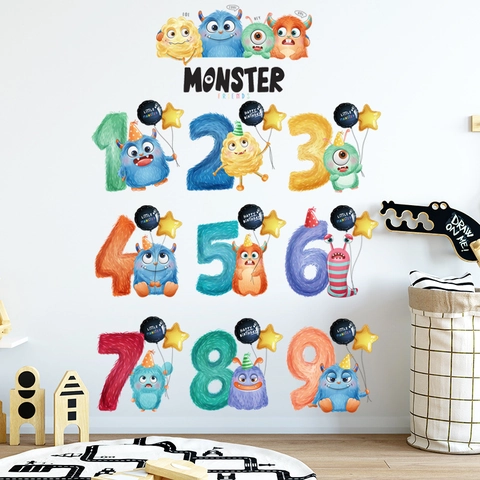 Cartoon Tier Monster Nummer 1-9 Wandaufkleber Für Kinderzimmer Kindergarten Pädagogische Bunte Tier PVC Wasserdicht Abnehmbare Aufkleber Geburtstag Party Dekoration