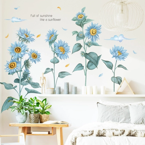 Pastorales Blaues Sonnenblumen Wandtattoo PVC Aquarell Botanische Blumen Wandsticker Für Schlafzimmer Wohnzimmer Wanddeko
