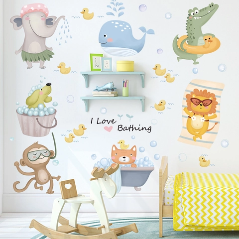 Waterproof PVC Cartoon Bathing Animals Wall Stickers Removable DIY Animal Decals For Bathroom Nursery Kids Room Wall Decoration