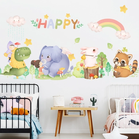 Cartoon Dieren Muurstickers Voor Kinderkamer Olifant Dinosauriër Regenboog PVC Verwijderbare Muurstickers Slaapkamer Decoratie