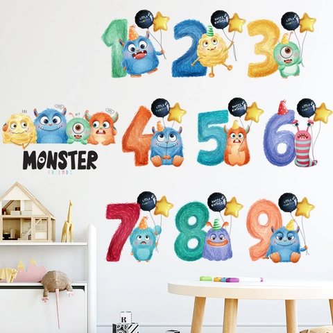 Cartoon Tier Monster Nummer 1-9 Wandaufkleber Für Kinderzimmer Kindergarten Pädagogische Bunte Tier PVC Wasserdicht Abnehmbare Aufkleber Geburtstag Party Dekoration