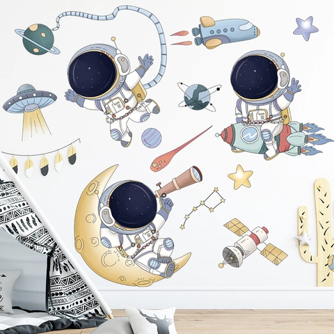 Cartoon Astronaut Space Wall Stickers Waterproof PVC Rocket Planet UFO Decals For Kids Bedroom Nursery Home Decoration Decor