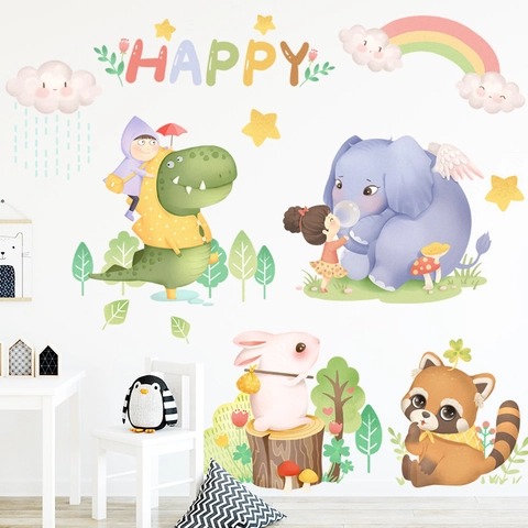 Cartoon Dieren Muurstickers Voor Kinderkamer Olifant Dinosauriër Regenboog PVC Verwijderbare Muurstickers Slaapkamer Decoratie