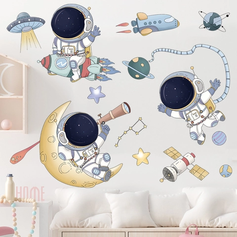 Cartoon Astronaut Space Wall Stickers Waterproof PVC Rocket Planet UFO Decals For Kids Bedroom Nursery Home Decoration Decor