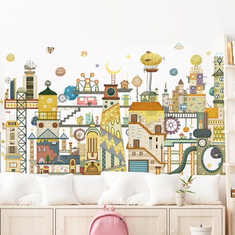 Nordic Cartoon Steampunk City Wall Stickers For Kids Room Decor Waterproof PVC Space Planet Building Removable Wall Decals