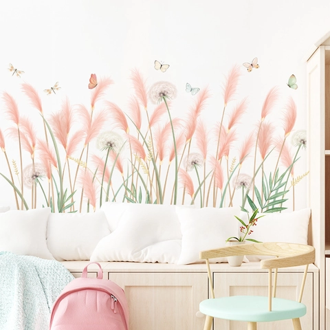 Rosa Schilf Weiße Pusteblume Wandtattoos Mit Schmetterlingen PVC Wasserdicht Selbstklebend Kunst Wandsticker Für Wohnzimmer Schlafzimmer