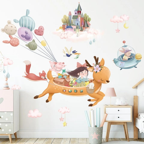 Cartoon Fawn Girl Wall Sticker Removable PVC DIY Mural For Kids Room Nursery Bedroom Kindergarten Classroom Decor Dreamy