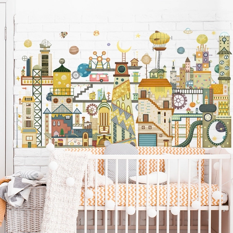Nordic Cartoon Steampunk City Wall Stickers For Kids Room Decor Waterproof PVC Space Planet Building Removable Wall Decals