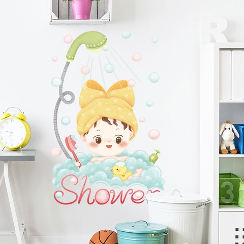 Cartoon Girl Bathing Wall Sticker Waterproof PVC Decal For Bathroom Decor Cute Shower Design For Kids Room Home Toilet Decoration