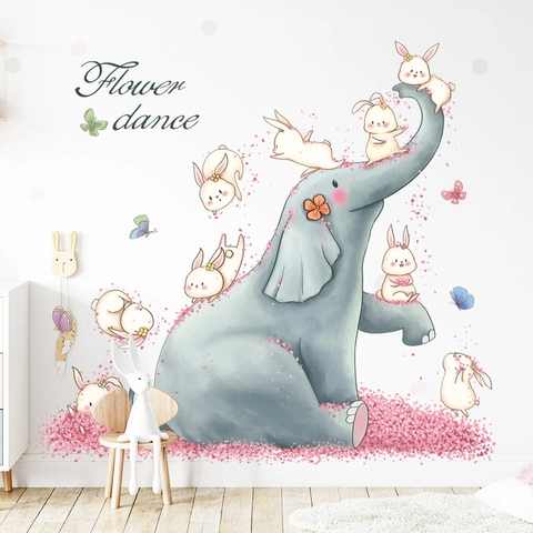 Cartoon Elefant Hase Wandaufkleber Aquarell Tier Schmetterling Blume Tanz Abnehmbare PVC Wandtattoo Kinderzimmer Deko