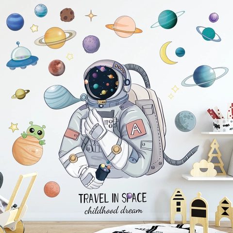 Cartoon Astronaut Space Planet Wall Stickers For Kids Room Bedroom Decor Waterproof PVC Universe Galaxy UFO Star Wall Decals
