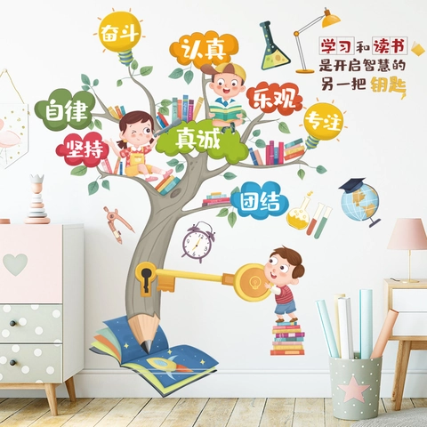 Educational Knowledge Tree Wall Sticker Cartoon Pencil Design Motivational Classroom Children's Room PVC Printed Wall Decal