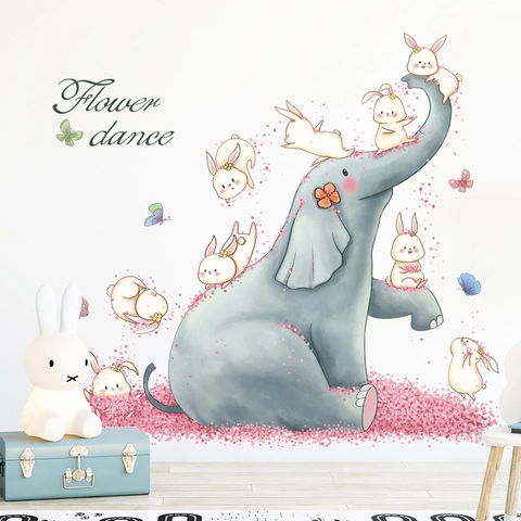 Cartoon Elefant Hase Wandaufkleber Aquarell Tier Schmetterling Blume Tanz Abnehmbare PVC Wandtattoo Kinderzimmer Deko