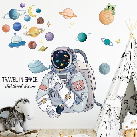 Cartoon Astronaut Space Planet Wall Stickers For Kids Room Bedroom Decor Waterproof PVC Universe Galaxy UFO Star Wall Decals