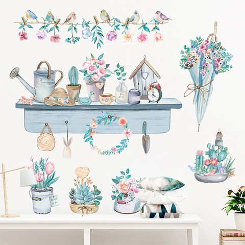 Nordic Aquarel Potplanten Bloemen Muurstickers Vogel Tuin DIY Verwijderbare PVC Waterdicht Huis Woonkamer Kunst Muurschildering Decor