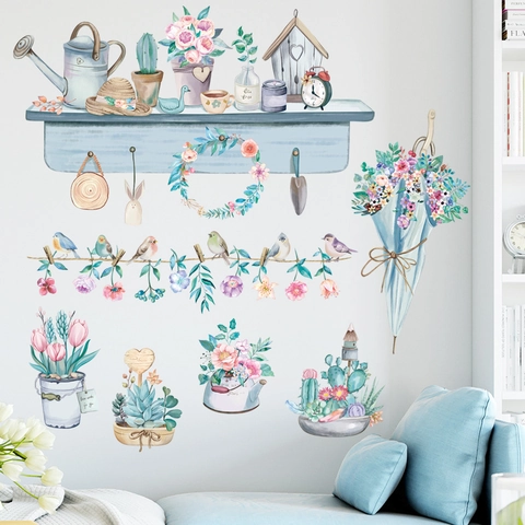 Nordic Aquarel Potplanten Bloemen Muurstickers Vogel Tuin DIY Verwijderbare PVC Waterdicht Huis Woonkamer Kunst Muurschildering Decor