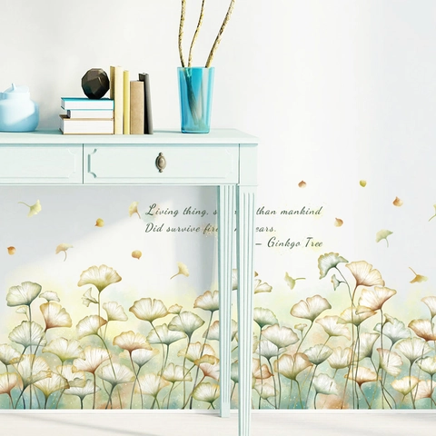 Nordic Watercolor Ginkgo Leaves Wall Stickers Removable PVC Botanical Wall Decals English Quotes For Living Room Home Decor