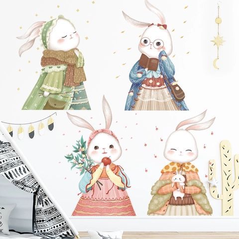 Cartoon Konijn Muurstickers Verwijderbare PVC Dieren Decals Voor Kinderkamer Kinderdagverblijf Waterdicht Aquarel Stijl Muurkunst