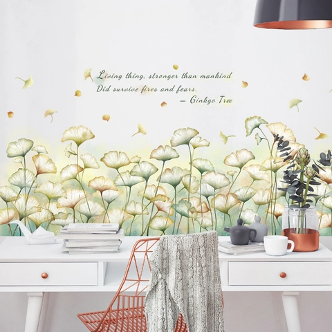Nordic Watercolor Ginkgo Leaves Wall Stickers Removable PVC Botanical Wall Decals English Quotes For Living Room Home Decor