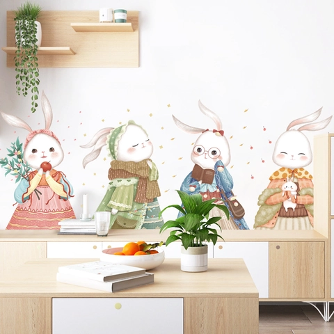 Cartoon Konijn Muurstickers Verwijderbare PVC Dieren Decals Voor Kinderkamer Kinderdagverblijf Waterdicht Aquarel Stijl Muurkunst