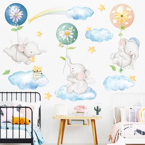 Mignons Stickers Muraux Éléphant Aquarelle PVC Amovible Étoiles Nuages Arc-en-ciel Décalcomanies Murales Pour Chambre D'enfants Bébé