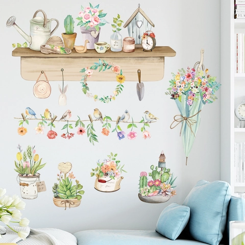 Adesivo da Parete a Tema Giardino Acquerello Pastorale Removibile PVC Floreale Uccello Per Soggiorno Camera da Letto
