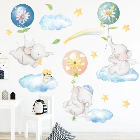 Mignons Stickers Muraux Éléphant Aquarelle PVC Amovible Étoiles Nuages Arc-en-ciel Décalcomanies Murales Pour Chambre D'enfants Bébé