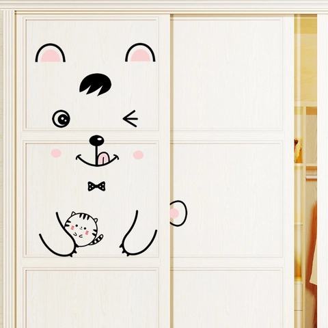 Cute Cartoon Cat And Bear Wall Sticker DIY Waterproof PVC Self Adhesive Door Decal For Kids Room Bedroom Living Room Home Decor
