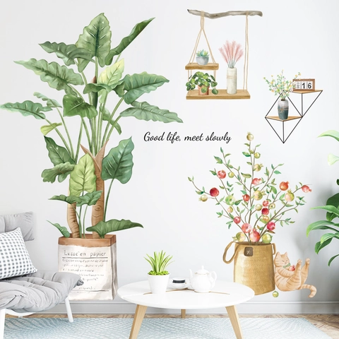 Sticker Mural Plantes en Pot Vert Minimaliste Moderne Imperméable PVC Amovible Aquarelle Florale Chat Décalcomanie pour Salon