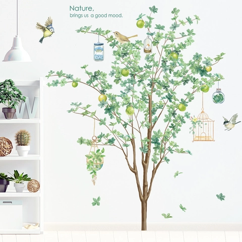 Nordisch Grün Baum Vögel PVC Wandtattoo Wasserdicht Natur Thema Selbstklebend Aufkleber Für Wohnzimmer Schlafzimmer Deko