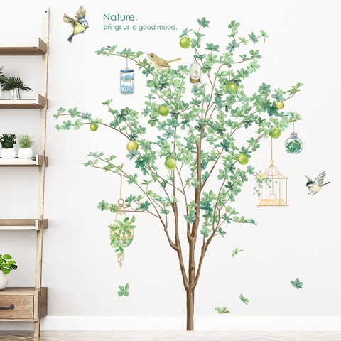 Nordisch Grün Baum Vögel PVC Wandtattoo Wasserdicht Natur Thema Selbstklebend Aufkleber Für Wohnzimmer Schlafzimmer Deko