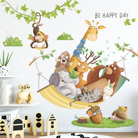 Cartoon Bos Dieren Muurstickers Giraf Leeuw Aap PVC Verwijderbare Decals Voor Kinderkamer Decoratie