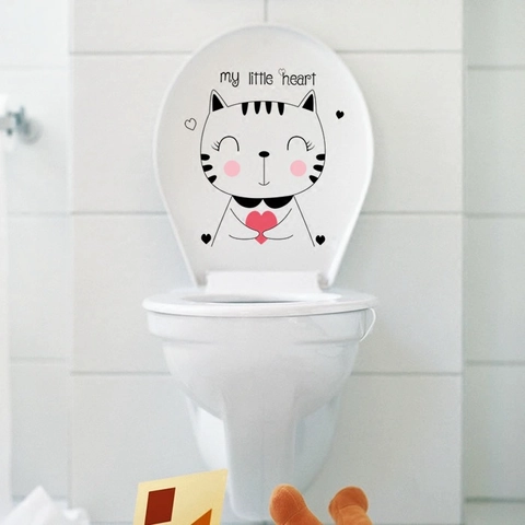 Adesivo per Gabinetto Gatto Cartone Animato Abbraccia Cuore Impermeabile PVC Decalcomania da Parete My Little Heart Decorativo per Bagno Casa