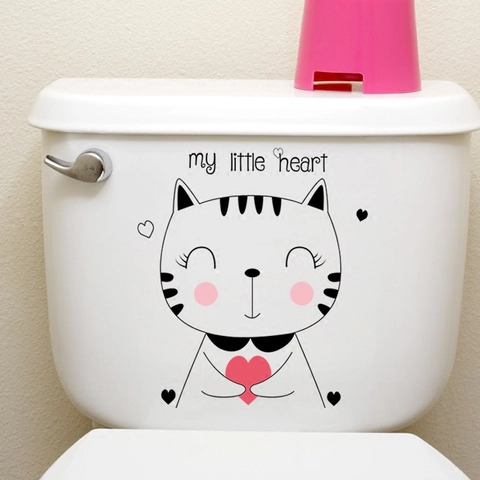 Adesivo per Gabinetto Gatto Cartone Animato Abbraccia Cuore Impermeabile PVC Decalcomania da Parete My Little Heart Decorativo per Bagno Casa