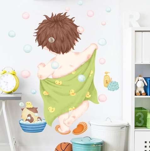 Cartoon Badender Junge Wandtattoo Wasserdicht PVC Aufkleber Für Kinder Badezimmer Glas Tür Deko Mehrfarbiges Muster