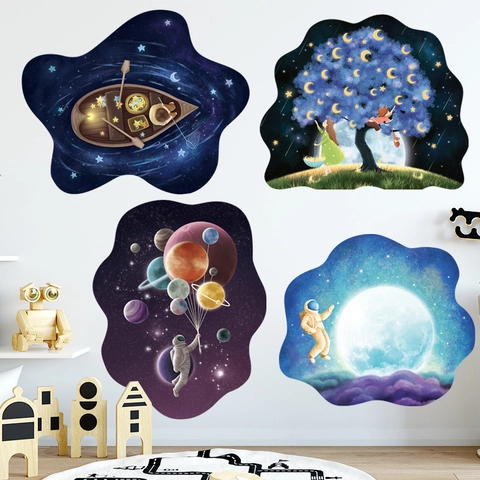 3D Spazio Astronauta Adesivi Murali PVC Cartone Animato Luna Stelle Pianeta Decalcomanie Murali Galassia Onirica per Camera Bambini