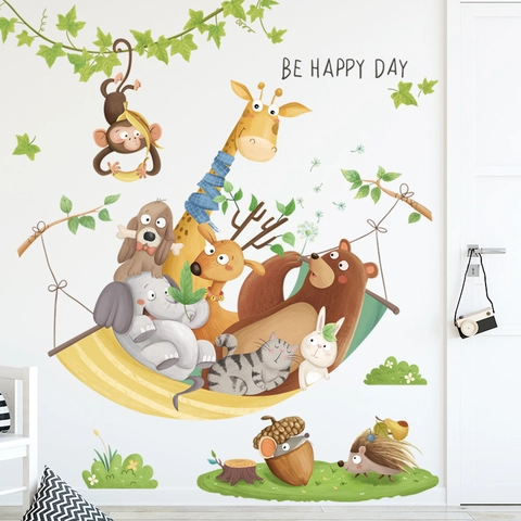 Cartoon Bos Dieren Muurstickers Giraf Leeuw Aap PVC Verwijderbare Decals Voor Kinderkamer Decoratie